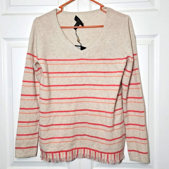 100% Cashmere Charter Club Striped Women's V-Neck Sweater Medium NWT Fringe Pink - Picture 1 of 9